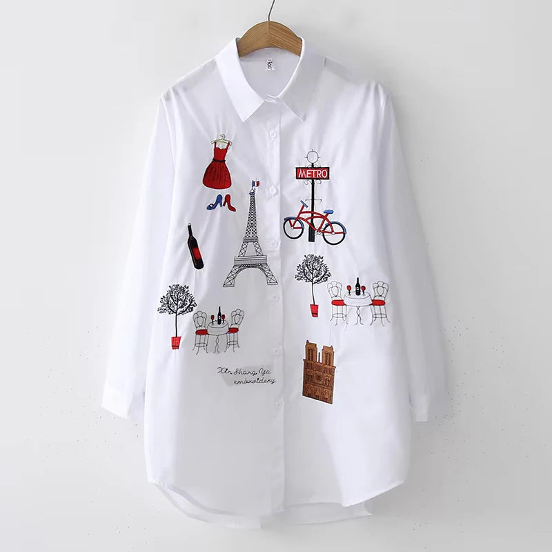 Blusas blancas holgadas a la moda para mujer, camisas de manga larga con bordado de algodón para mujer, Tops informales con botones y cuello vuelto, blusa  siempre pensando en ti .