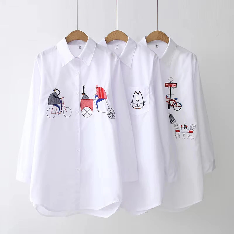 Blusas blancas holgadas a la moda para mujer, camisas de manga larga con bordado de algodón para mujer, Tops informales con botones y cuello vuelto, blusa  siempre pensando en ti .