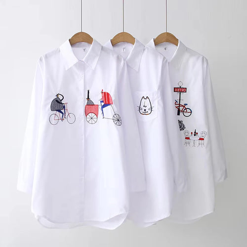 Blusas blancas holgadas a la moda para mujer, camisas de manga larga con bordado de algodón para mujer, Tops informales con botones y cuello vuelto, blusa  siempre pensando en ti .