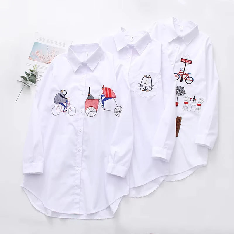 Blusas blancas holgadas a la moda para mujer, camisas de manga larga con bordado de algodón para mujer, Tops informales con botones y cuello vuelto, blusa  siempre pensando en ti .
