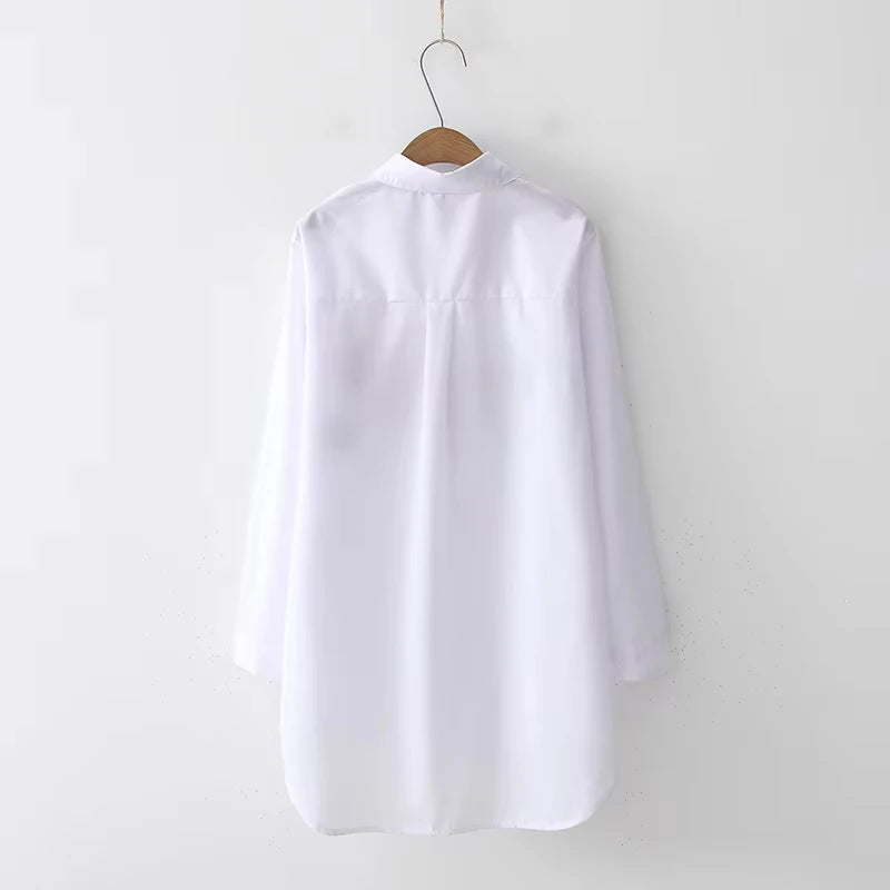 Blusas blancas holgadas a la moda para mujer, camisas de manga larga con bordado de algodón para mujer, Tops informales con botones y cuello vuelto, blusa  siempre pensando en ti .