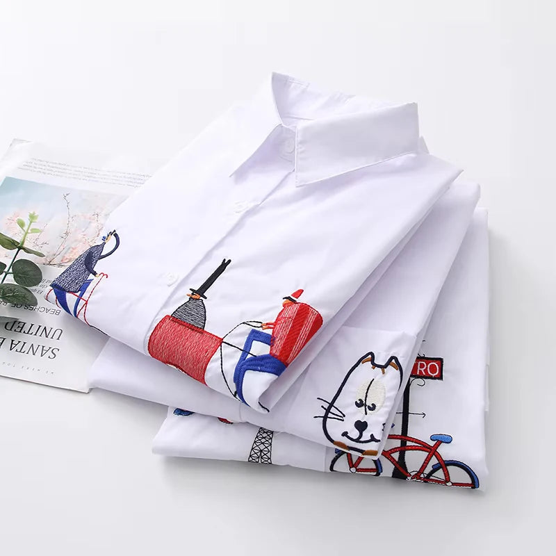 Blusas blancas holgadas a la moda para mujer, camisas de manga larga con bordado de algodón para mujer, Tops informales con botones y cuello vuelto, blusa  siempre pensando en ti .